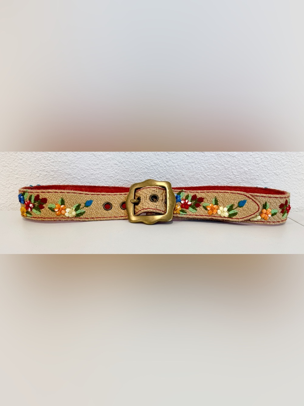 Vintage Y2K Boho Prairie Floral Owl Raffia Leather Grommet Belt Solid Brass M